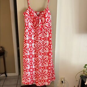 AUW Red and White Floral Tie-Front Midi Dress